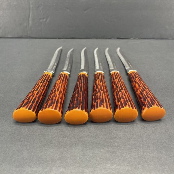 Forgecraft VTG Stainless Steel Faux Bone Stag Handle Steak Knives set of 6 USA - Picture 5 of 6